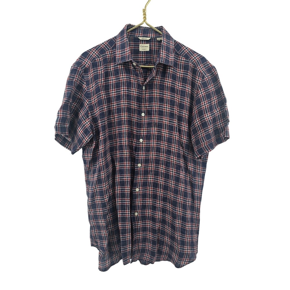 Culturata Shirt Mens L Linen Tailored Fit Blue Red Plaid Short Sleeve EUC